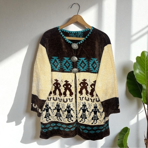 HILARY SMITH Southwestern Cowboy Chenille Tribal Cardigan Sweater Concho Buttons - Picture 15 of 15